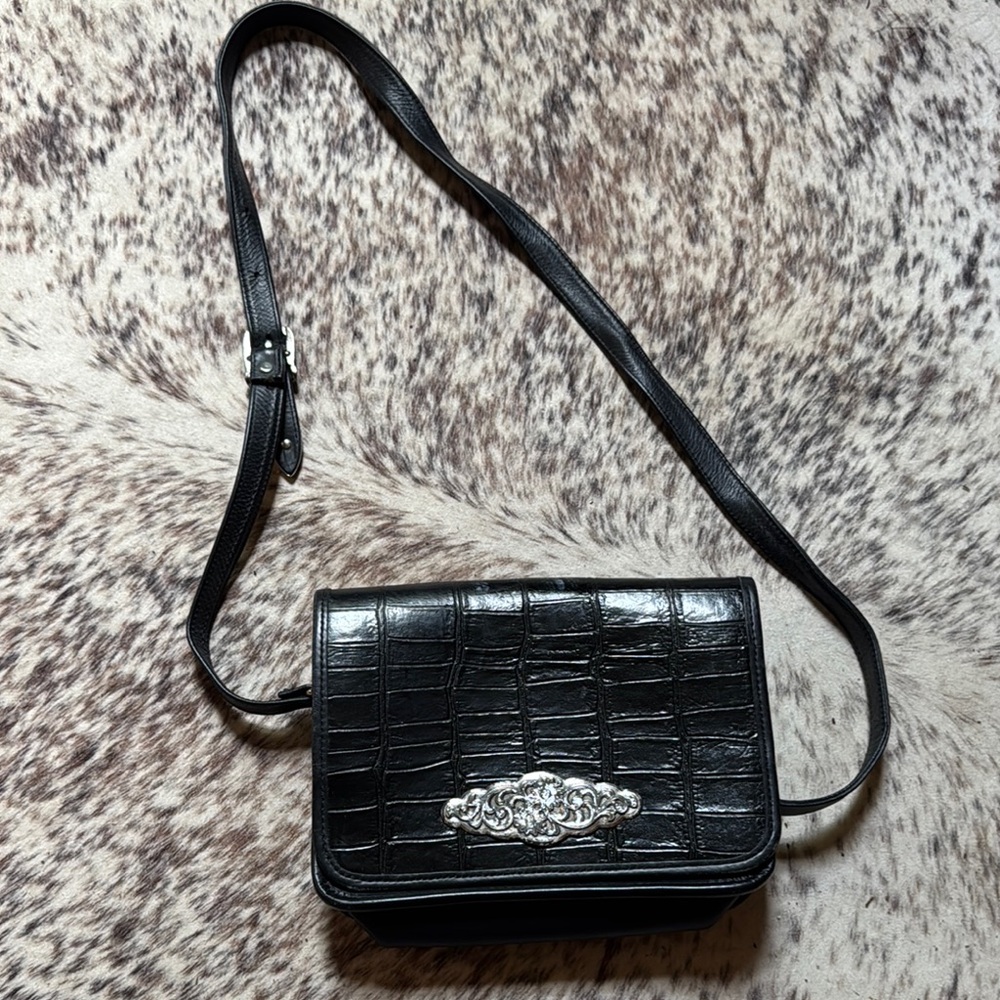 Vintage Black Croc-Embossed Shoulder Bag